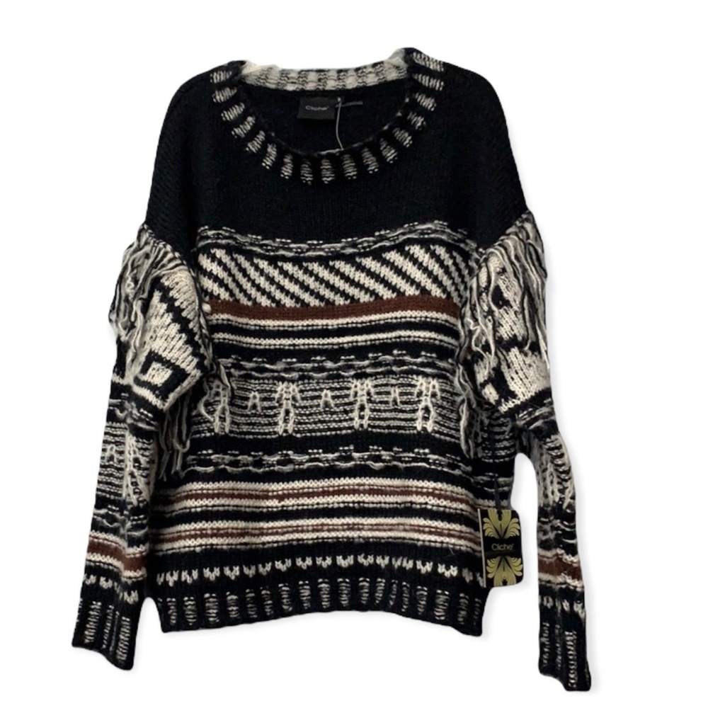 Cliche’ Fringe Sweater With Boho Print. Size M - image 1